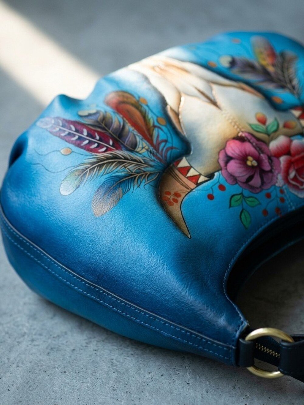 Anuschka Handpainted blue ombre Boho Spirit Skull Hobo Bag - Picture 7 of 7
